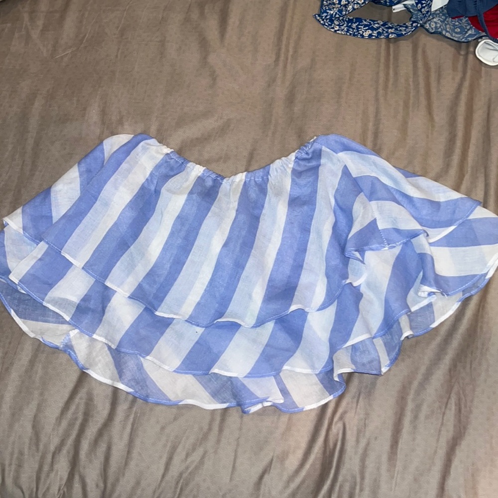 Blue and white striped strapless flowy top, size small